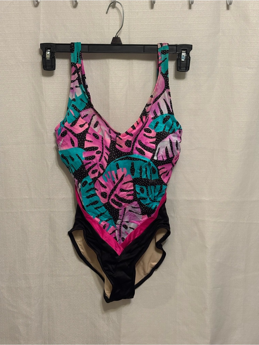 Tropical Leaf V-Neck One-Piece Swimsuit in Pink & Teal